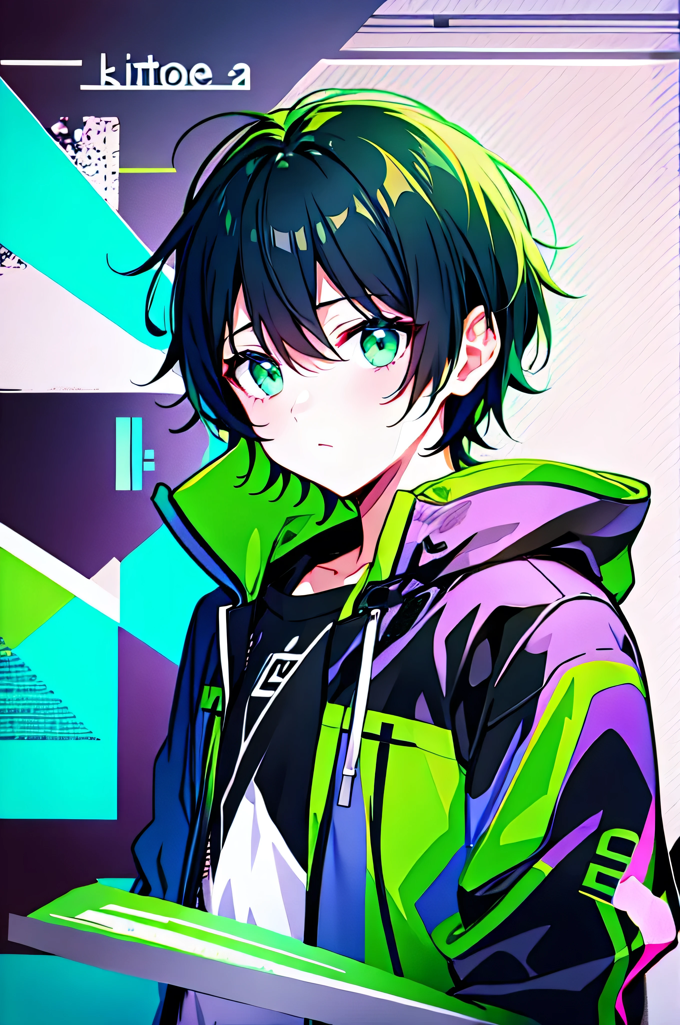 [(WHITE BACKGROUND:1.5),::5], (((masterpiece))), high quality, ultra_very_high_resolution, large_filesize, (upper body), (green base), full color, ((solo)), ((little boy)), (((men's black short hair))), green eyes, anime, neon light, black parka,