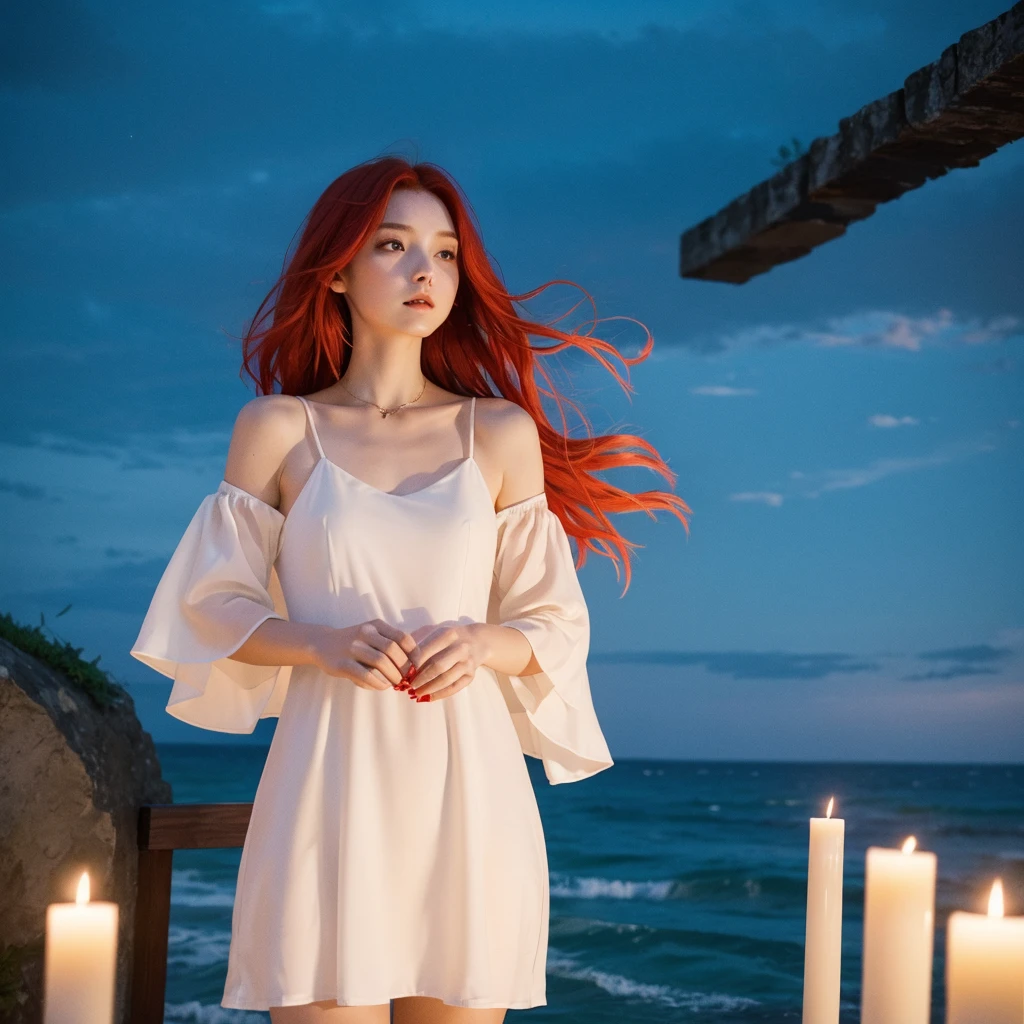 1girl, Best Quality, Red Hair, short dress, white dress, loose dress, looking at the horizon, holding a candle, night