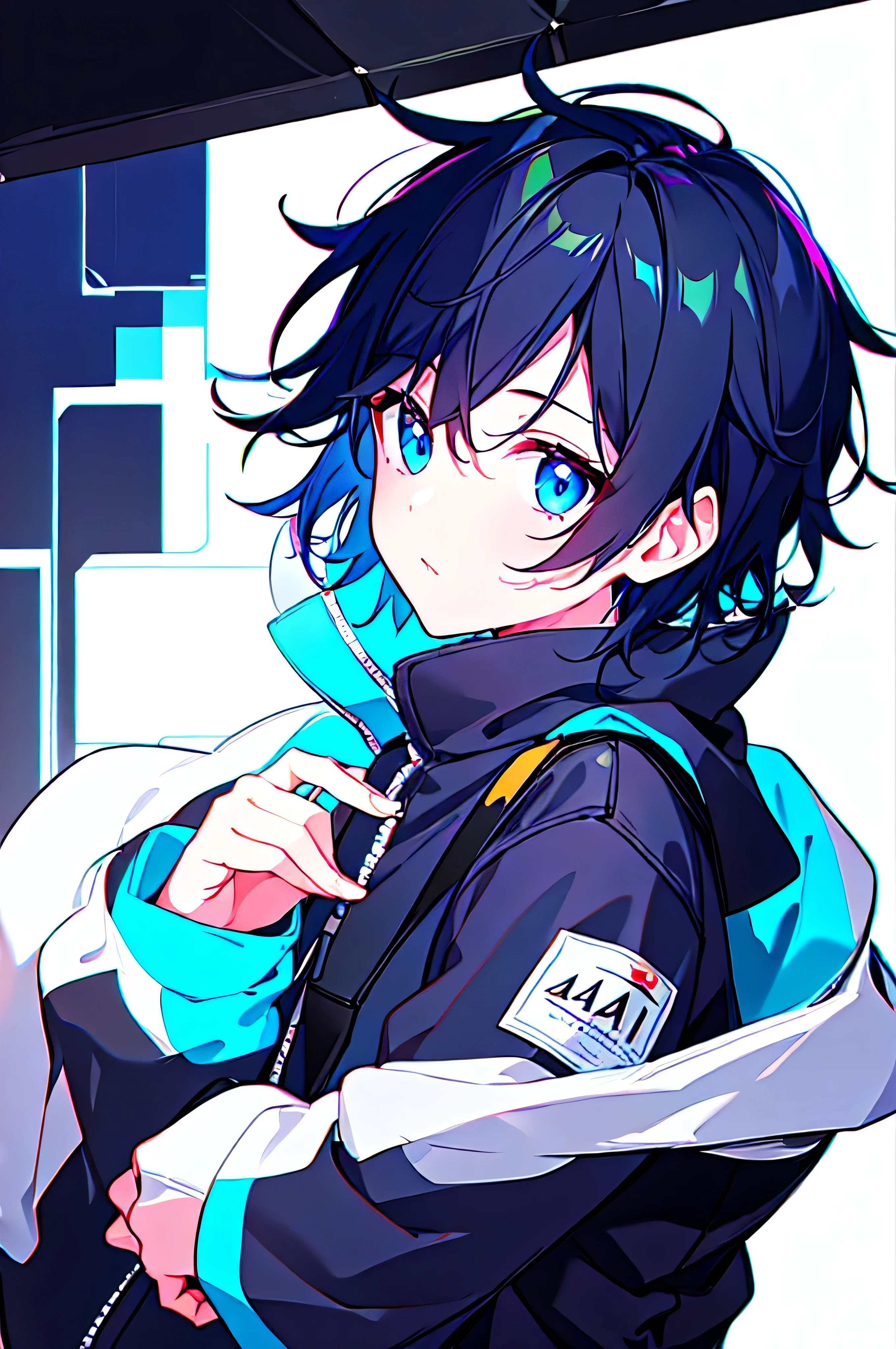 [(WHITE BACKGROUND:1.5),::5], ((((masterpiece)))), high quality, ultra_very_high_resolution, large_filesize, (upper body), (blue base), full color, ((solo)), ((little boy)), (((men's black short hair))), blue eyes, anime, neon light, black parka,