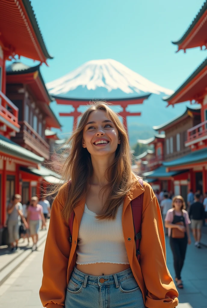 A woman at Japan , enjoying all the tourist attractions