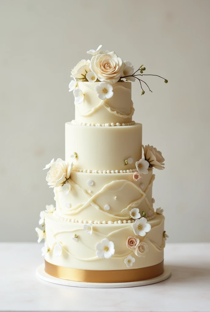 Small cotton wedding cake , cake made of white chocolate with a golden stripe at the base of the cake and flowers decorating the cake's hearth