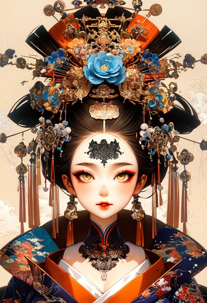 Ink painting, (((1 girl))), (((Tattoo in the middle of the forehead))), (((Oiran))), (((Japanese Hanafuda Card Earrings))), (((Great hair accessories))) Demon possession, ((Masterpiece:1.2)), ((Highest quality)), (((All body is neatly covered))), (Masterpiece, Top quality, Best quality, Official art, Beautiful and aesthetic:1.2), All body is neatly covered, (1girl), Very detailed,(Fractal art:1.3),Colorful,Top detailed