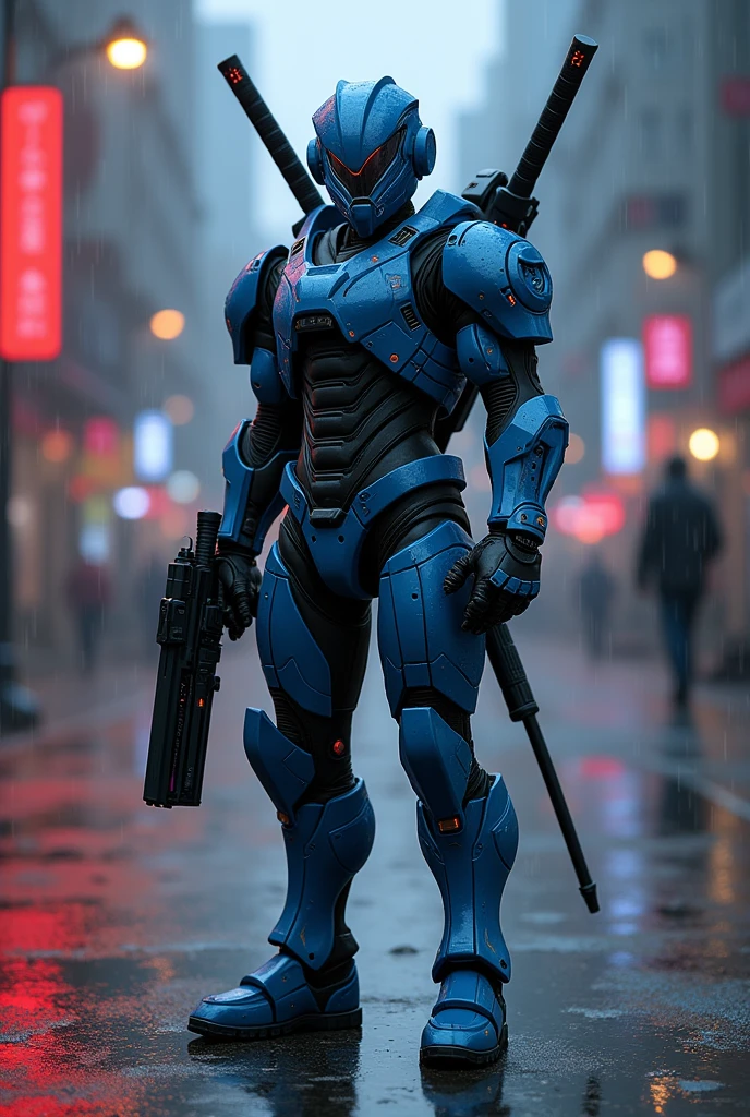 Soldat en armure futuriste bleu avec plusieurs antennes assez fine sur les côté. En plus, il à deux mini-mitrailleur sur les jambes. Le soldat est dans une ville avec des led rouge, il fait nuit et il pleut. Il a deux catanas dans le dos. Son casque est lumineux. Le l’armure est détaillée et pas enfantine. L’image est de face et il est en pose sexy. C’est un homme. L’armure est remplit de gadjets et est super sexy. Et est en casque super réaliste.