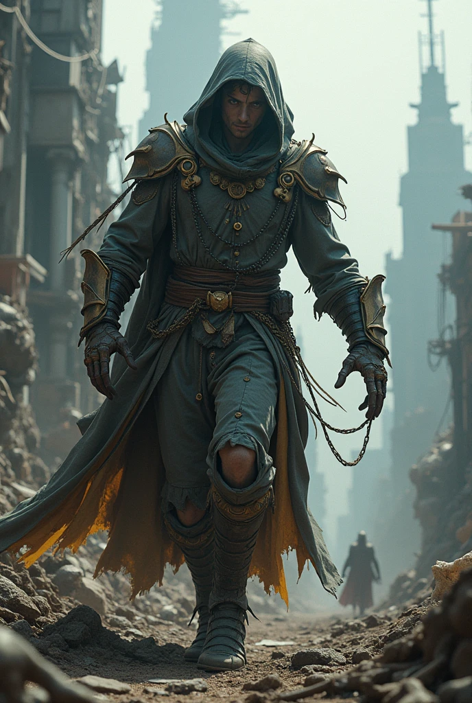 Panning View panoramic of distopic world, a man figthting with machine, a screenshot inspired by Zoltan Boros, robotic scrap, android scrap, cyborg scrap, tumblr, dau-al-set, wearing apocalyptic clothes, ornate cyberpunk robes, from warcraft, dressed as an oracle, as a solomon kane, tattered robes, intricate costume design, cyberpunk fashion clothing, still from a fantasy movie, post apocalyptic attire, mechanic exposed, cables, scrap, sky line of ruins.