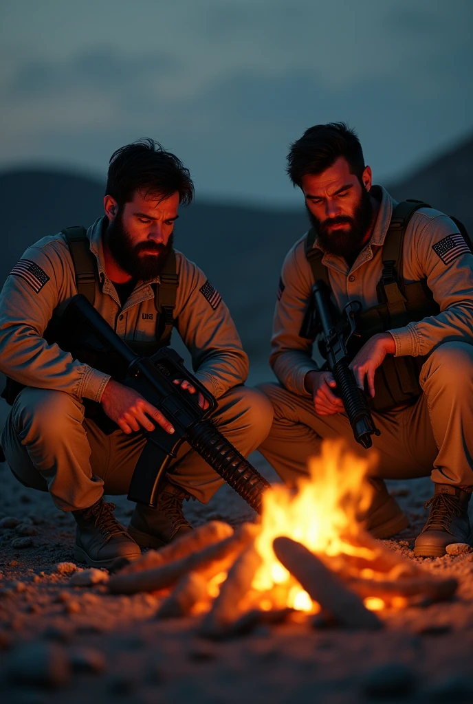 Photorealism 1.4 realistic realism high detailed definition  two navy seal commando look  very tired front of campfire sitting  sleeping hold M4 carbine rifle wearing dessert camouflage with beard American flag on their shoulder