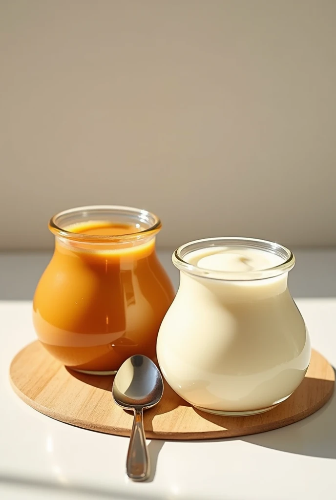 a jar of creamy dulce de leche and another of cottage cheese, with a spoon 
