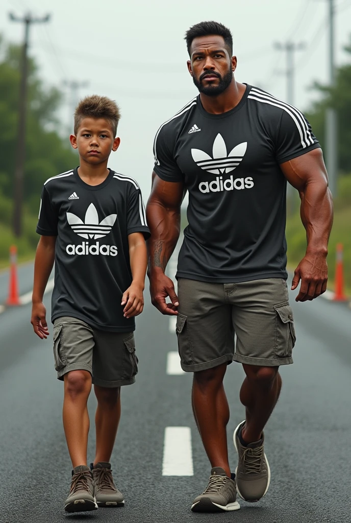 Cat and his son are working on the road the body of cat and his son is very muscular and their wearing the shirt of Adidas