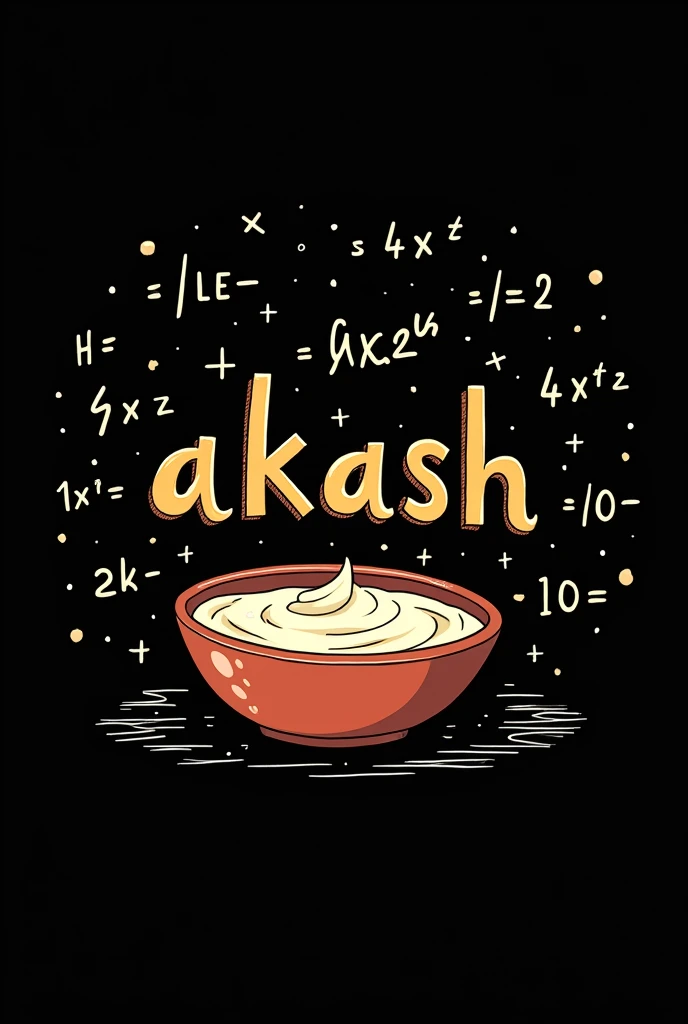 Write Akash in a small font size  with a ranch dip beside it,in a black background with maths formulae of integration Pixar version 