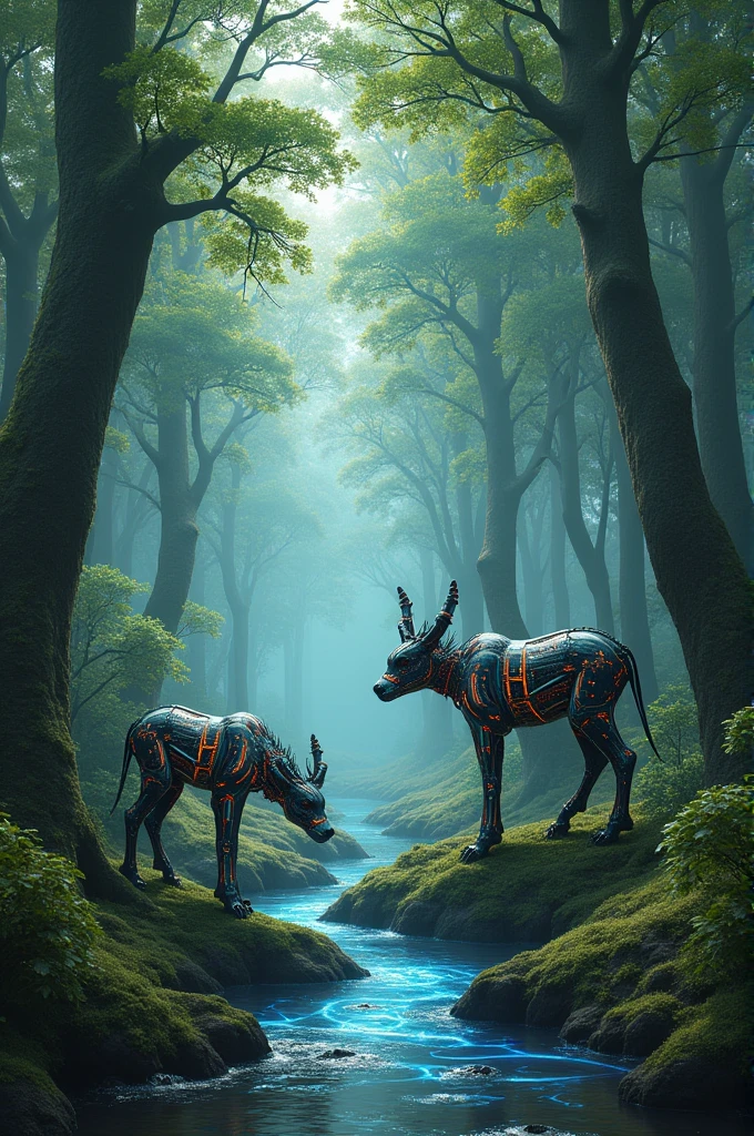 Create an image showing a forest with trees that have integrated circuits and LED lights instead of leaves, with a river that looks like a digital data stream, and robotic animals interacting with nature.