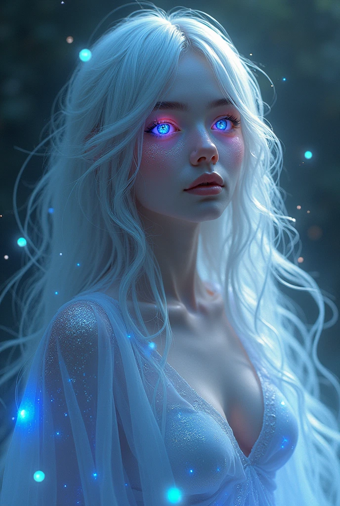 a woman with pale, iridescent skin, as if it were made of light, with long hair that flows to the floor, in a color mix of silver and deep blue, slightly wavy and ethereal looking almost like a mist, large, expressive eyes, with an iris that seems to contain a miniature universe, of colors ranging from dark blue, roxo e prata, with a long, fluid cloak that appears to be composed of energy, resembling constellations, the cloak fits the body but flows around her, blending with the shadows and lights, with an aura around him, with small floating particles of light