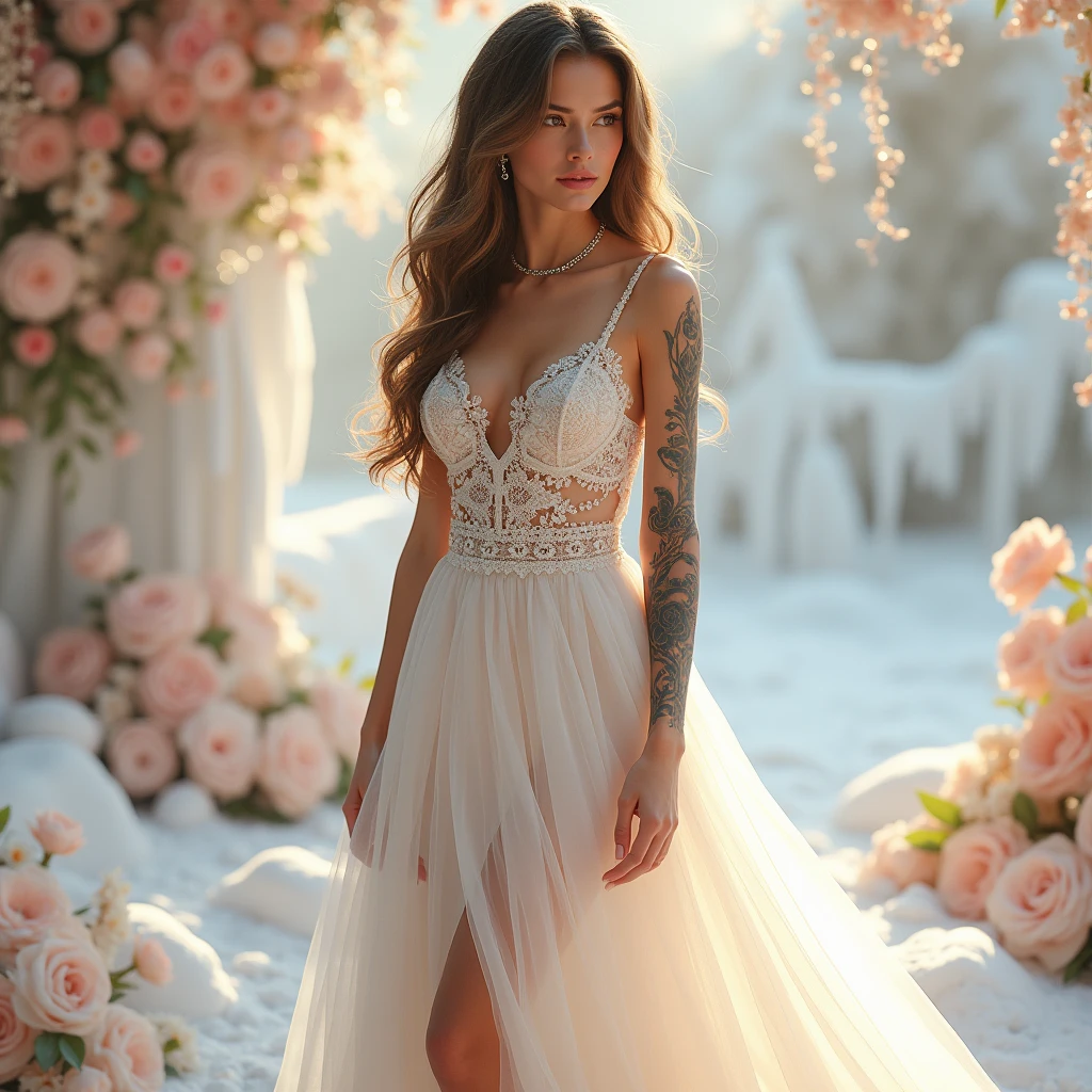 a natural white female, with extra long wavy light brown hair, lashes, plump lips, tattoos, diamond chain, flawless eyebrows, wearing a side strap fade rainbow white wedding dress with a design of swirl and flowers, in the back of the dress has a cute raindom design bow. leg slit opening end of dress is rainbow fade color full body view,sublime blend of fabric and texture features a softened square neckline oh so delicately edged by appliqué florals and surrounded by radiant contours of dots and vines. Its botanical pattern and soft scoop, ice/frosty theme background with ginger cookie