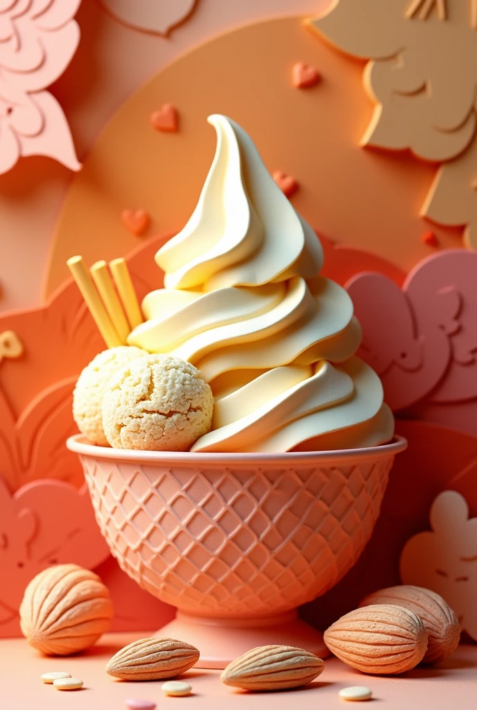 a papaya ice cream, masterpiece, all in three dimensional paper art、(Almond Shapes);1.9、(Three-dimensional paper-cut art.、colorful):1.9