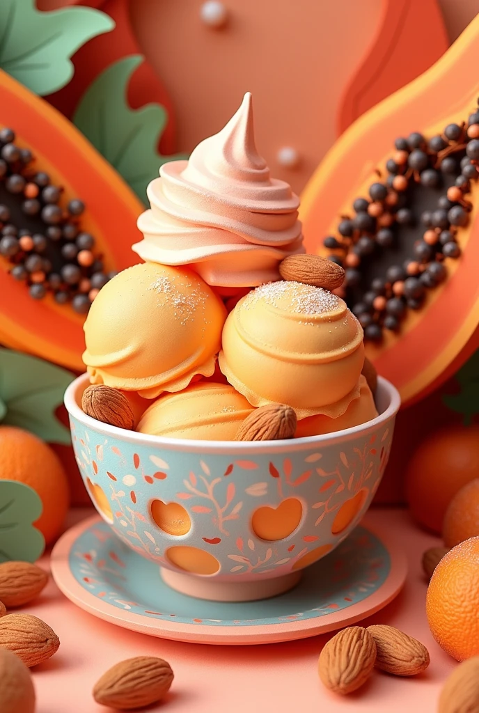 a papaya ice cream,  masterpiece, all in three dimensional paper art、(Almond Shapes);1.9、(Three-dimensional paper-cut art.、colorful):1.9
