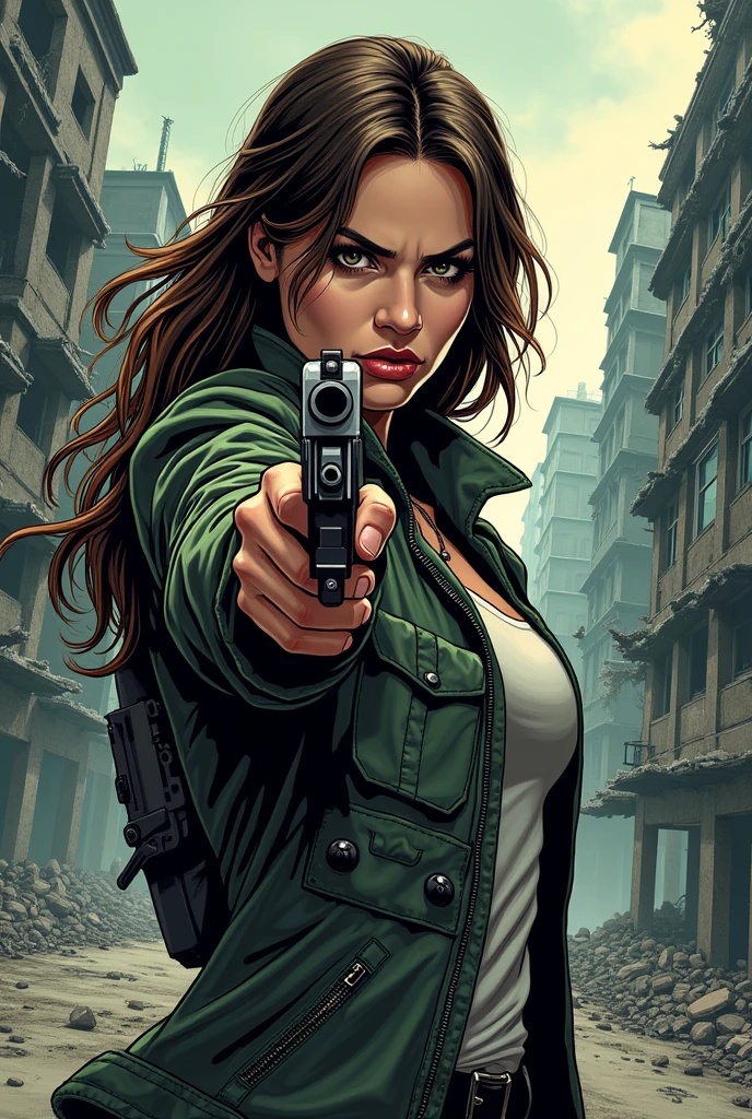 Woman in jacket pointing a gun forward zombie apocalypse comic book 