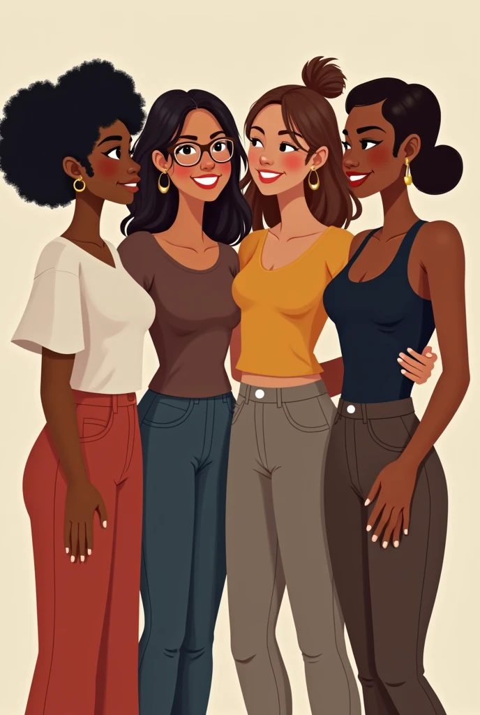Five women, a chubby white girl, One wears glasses, two brunettes, a black one