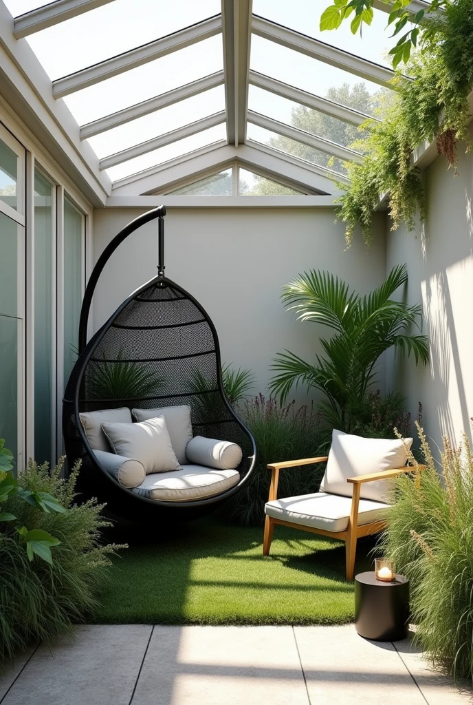 Design a small outdoor resting space, covered by a glass roof with white metal beams higher than the wall, the center of the beam is just glass. The environment is surrounded by light walls, decorated with green plants and tall grasses, creating a natural and cozy look. At the center, include a cocoon-shaped hanging chair, with black metal frame and light gray padded upholstery. Next to the hanging chair, add a modern armchair with a gold metal frame and white seat, positioned on the grass. Complete the space with a small black side table., decorated with a candle in a glass holder and other small decorative objects. The space should convey a sense of relaxation, comfort and luxury. 
