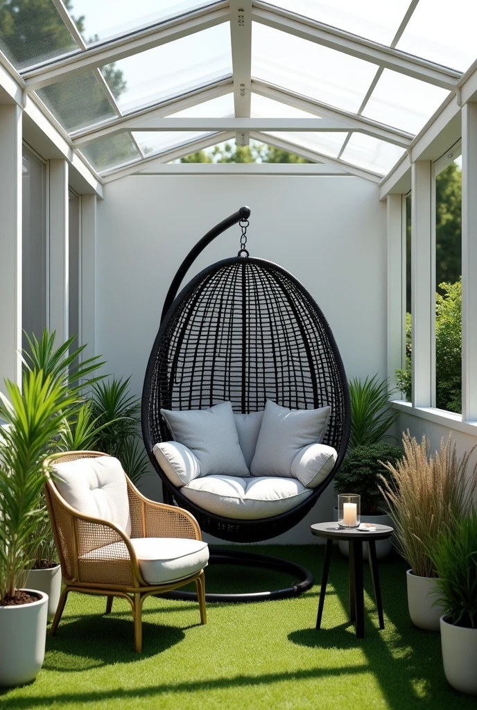 Design a small outdoor resting space, covered by a glass roof with white metal beams higher than the wall, the center of the beam is just glass. The environment is surrounded by light walls, decorated with green plants and tall grasses, creating a natural and cozy look. At the center, include a cocoon-shaped hanging chair, with black metal frame and light gray padded upholstery. Next to the hanging chair, add a modern armchair with a gold metal frame and white seat, positioned on the grass. Complete the space with a small black side table., decorated with a candle in a glass holder and other small decorative objects. The space should convey a sense of relaxation, comfort and luxury. 