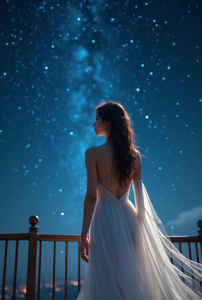 , ((masterpiece, Highest quality, Best image quality, High resolution, reality, RAW Photos, 8k)), ((Highly detailed CG synthesis 8k wallpaper)), (big、Stunning Goddess Pictures, Very hot and sexy, She's wearing a stunning sheer white dress, Stunning beauty, Perfect Proportions, Beautiful body, A beautiful, slender figure:1.4), Midnight, Stars from the observation deck々々look up, Ancient Gods々々look up青白い空, The origin of humanity, Rear View,