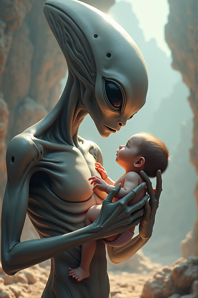 Je veux en photo ultra réaliste, Alien qui porte un bébé 