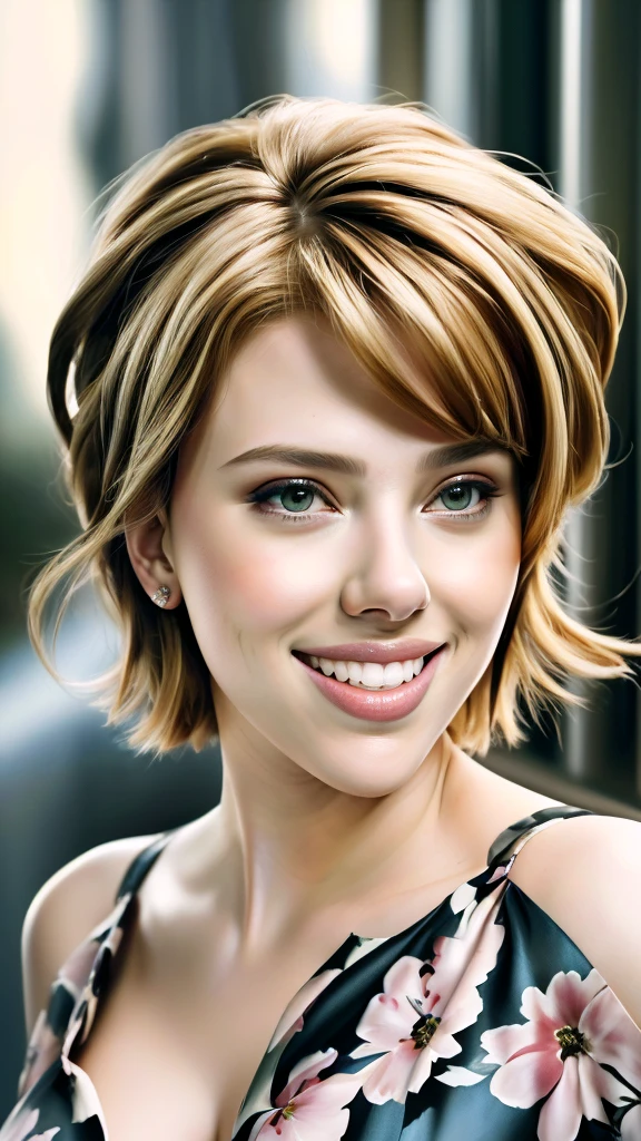 there is a woman with a flowered dress smiling for the camera, photoshop art, drawn with photoshop, cartoon digital painting, gorgeous digital painting, digital art. photo realistic, scarlett johansson portrait, stunning digital art, airbrush digital oil painting, “scarlett johansson portrait, “ scarlett johansson portrait, portrait digital art, digital art portrait, photorealistic beautiful face, beautiful digital artwork