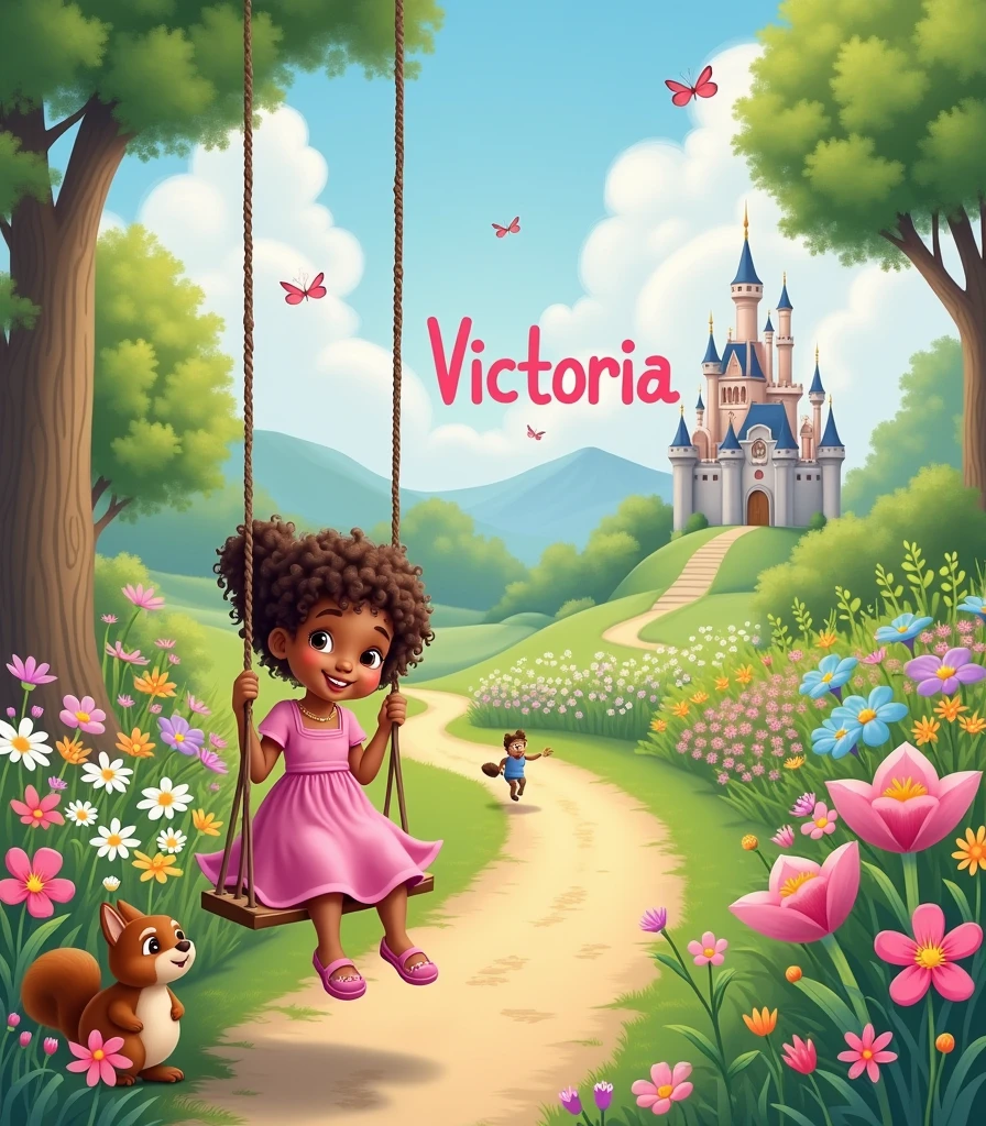 beautiful big garden, a castle in the background in spring leaves flying,full of flowers of various colors, a swing in the tree,various animals, butterflys, squirrel, raccoon, a smiling brown child with brown eyes in a pink dress baby , with curly hair on the swing playing, flowers along the dirt road,large image of the name Victoria written in light baby pink in the background, high resolution ,width twice as large as height