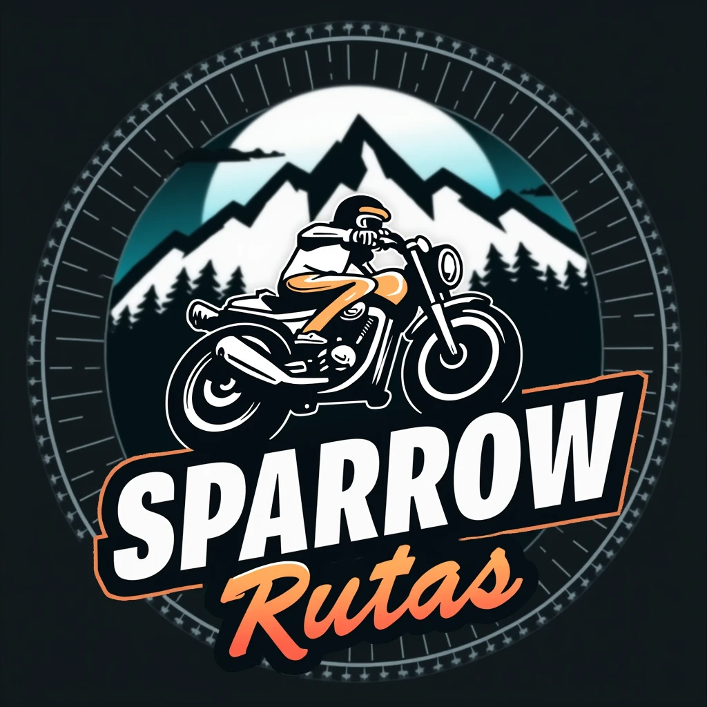 a circular logo , with white border, dark background, With the name "SPARROW RUTAS" in motorutes style , mountain and roblox, logo con borde blanco