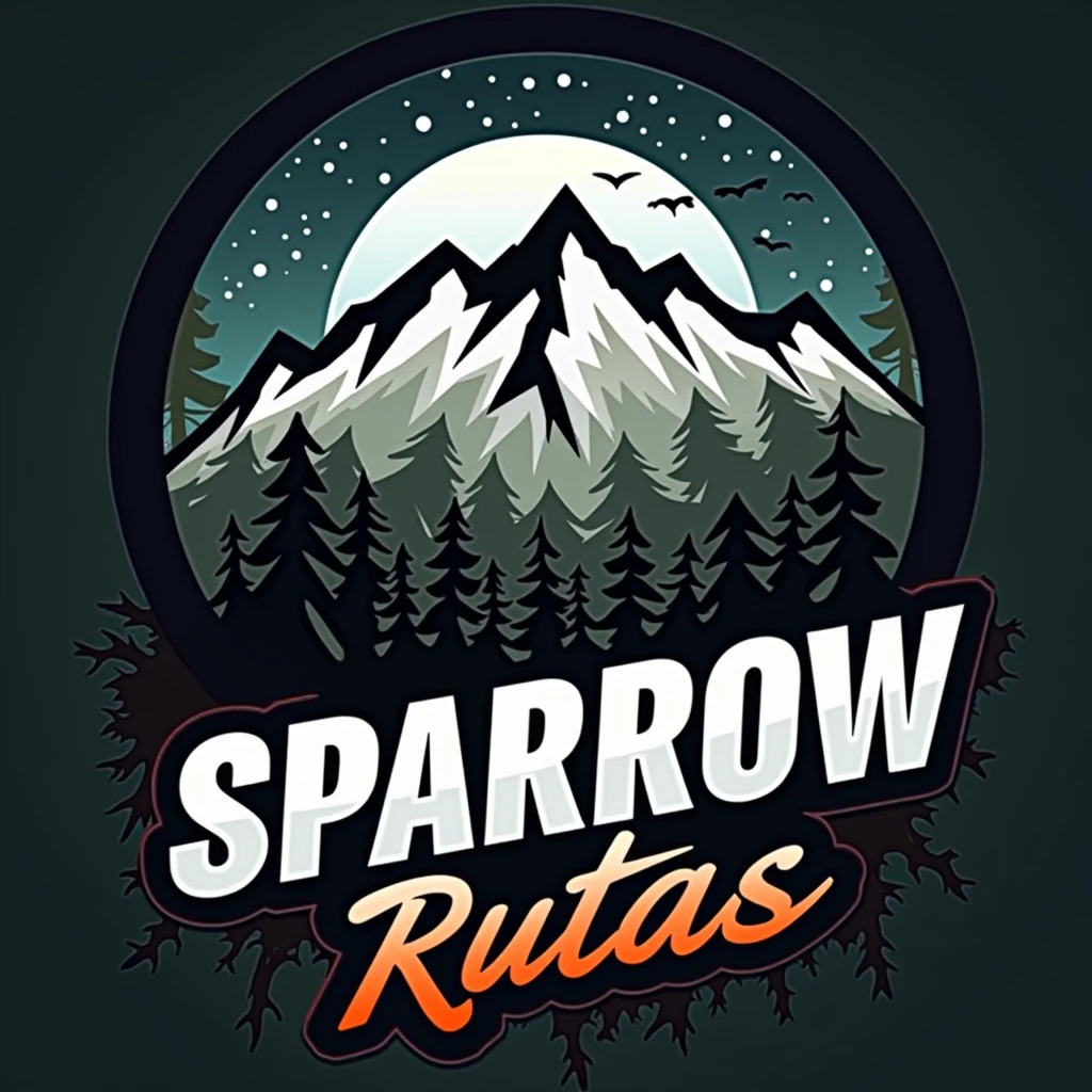 a circular logo , with white border, dark background, With the name "SPARROW RUTAS" in motorutes style , mountain and roblox, logo con borde blanco