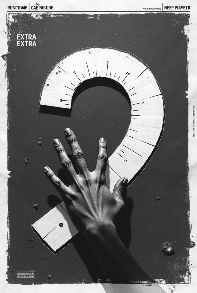 crea un periódico de varias hojas en uno solo en blanco y negro donde el Titulo principal de la portada diga "Extra Extra" and the cover is a question mark and in the background a hand lying on the pavement as if a person was lying on the floor but only the hand is seen which generates mystery and the title below it says "q.p.c.c"