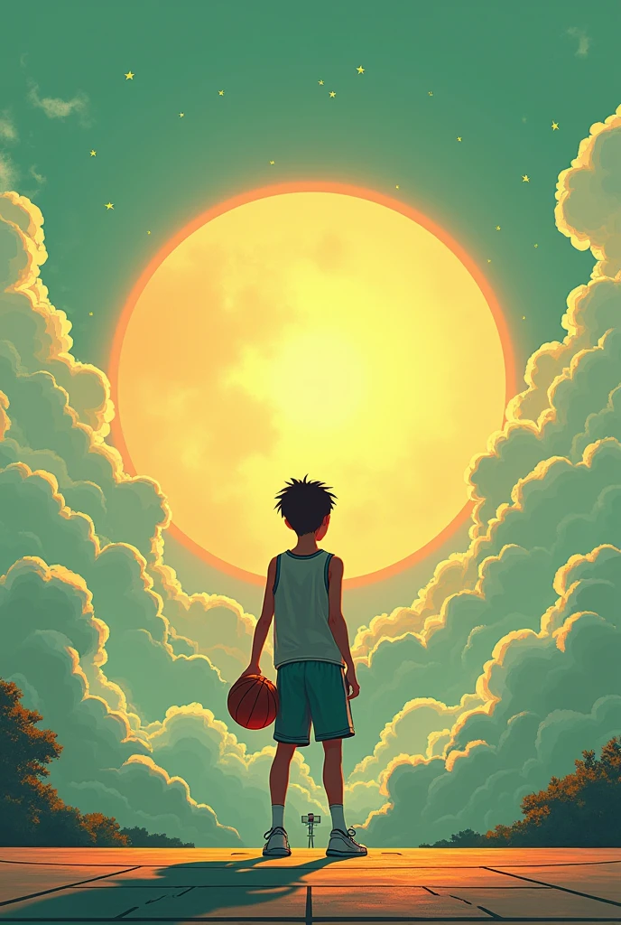 Realistic art of a boy basketball player standing on a basketball court with a giant sun in the sky, fotografia realista, 4k, high definition, arte de fundo, Jen Bartel, Dia tranquilo. digital illustation, arte de fundo, Arte Lofi, rosto detalhado, detailed sky, Estilo de Arte Lofi, arte de fundo do anime, anime sky, heaven, Sky Day, No style da obra de Dan Mumford, Fundo do animecores verde e laranja, basquete, bola de basquete