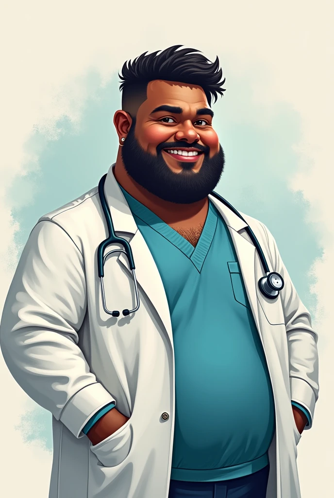 Create a logo for a medical student campaign with the name Kevin Montelongo and a dark-skinned, pot-bellied doctor 