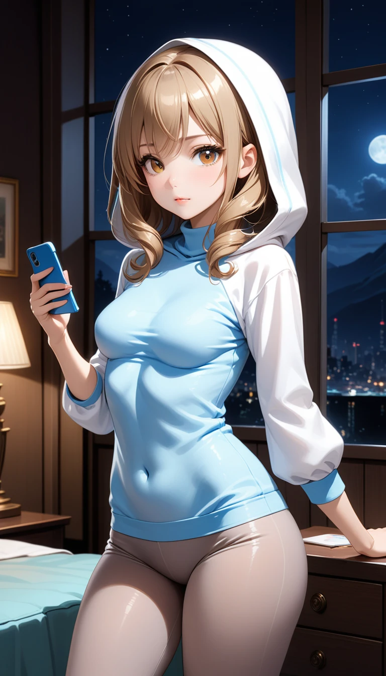 Beautiful 47y young woman with short undercut curly dark blonde hair, tied up hair, with brown eyes wearing ((Tight Grey Low-Rise Leggings), ((Sexy Mock Neck Mid Sleeves Light Blue ShirtWith Hood Down)), standing in her bedroom at night, holding her cellphone, (mid-tanned skin), (light brown lipstick), (elegant mascara), (slim body), (small breasts), (wide hips), midjourney, <lora:GoodHands-, <lora:GoodLegs-, UHD, high resolution, (expressive eyes, perfect face, full body, expressive face, perfect body, perfect pussy, athletic, fit, slim body, blushing, Perfect makeup, eyeliner, beautiful eyelashes, smiling, horny face), ((best illumination, best shadows)), ((sexy pose)), score_9_up, score_8_up, score_7_up