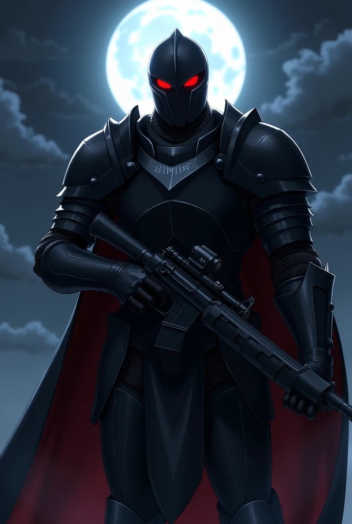 A Knight in a black armour and red glowing eyes and holding gun and looking front in background night sky moon in anime version on armour write name "ARMOUR"