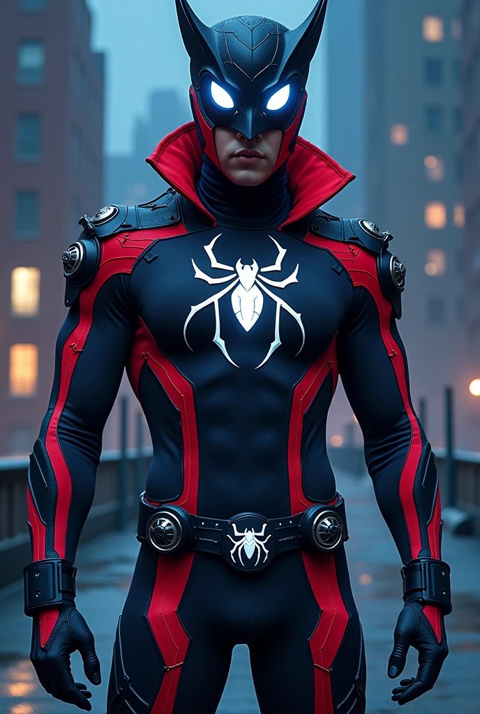 In comic book style, Nightwatcher to nastoletni superbohater o niezwykle intrygującym wyglądzie. His costume is made of flexible spandex and nanomaterials., which gives it both flexibility, as well as protection. The dominant colors in the outfit are dark gray., czerwony i granatowy, which create a strong contrast and give it a menacing look, but dynamic character.
Nosi zaawansowany technologicznie hełm o aerodynamicznym kształcie. Its surface has integrated white bionic sharp owl-style eyes.
There is a unique emblem on the chest, which is inspired by four animals: węgorzem, a spider, snow leopard and owl. His hands, łokcie, the shoulders and waist are decorated with round emblems. The whole costume has an eel-style pattern, snow leopard and spider. He stands in a dynamic pose on the roof of a building at night..