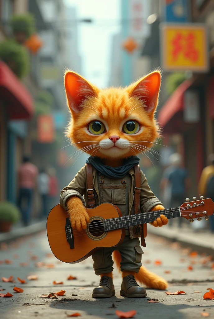 A cute close-up of an orange cat wandering around the city., kitchen, (Kinetics: 1.2), complicated details, ((A cat is walking along the roadside.)) ,Two-legged standing,Torn clothes, Walk on two legs,sad,Guitar Hold,Play Music