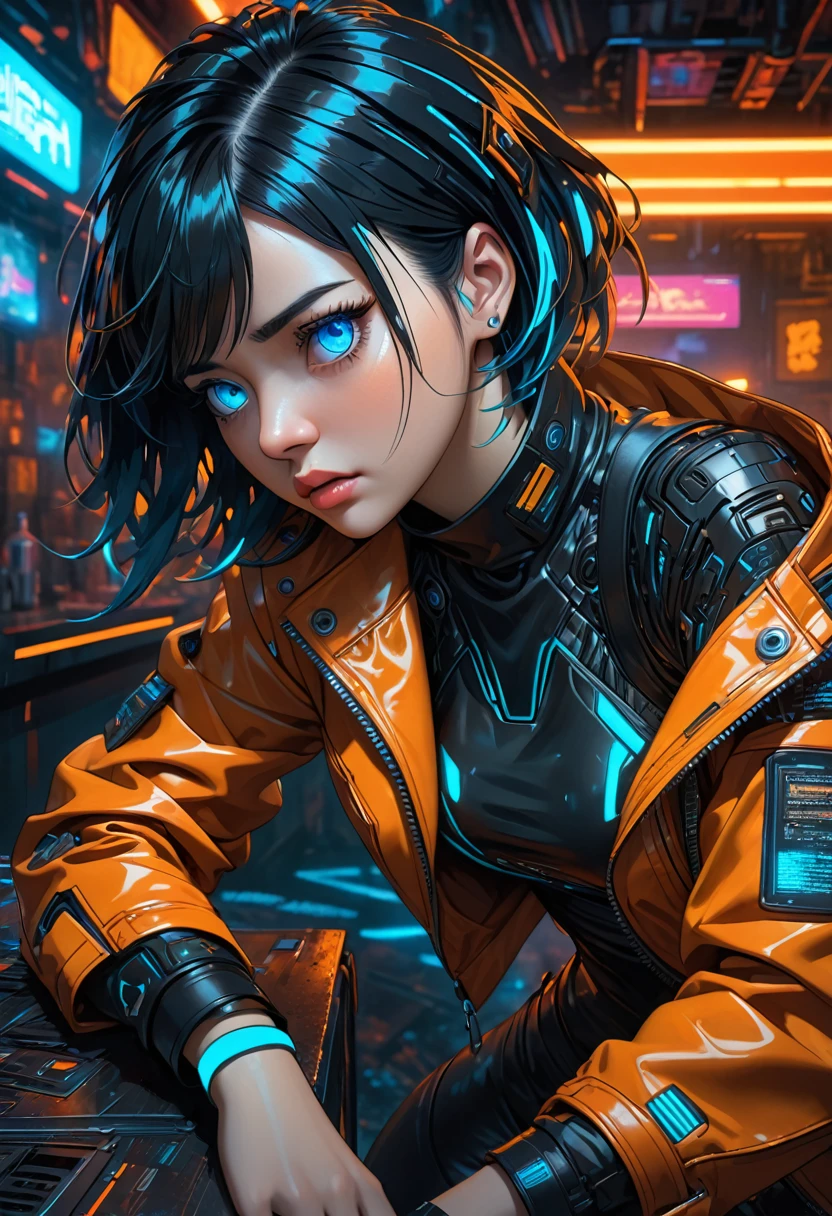 illustration, detailed illustration, ultra detailed, dynamic angle, cyberpunk, 30 year old woman, medium black hair, hair with cyan streaks, mismatched eyes, cybernetic eye, blue eye, lean, medium breasts, black leather top, orange leather jacket, tired expression, cowboy shot, dark bar interior, dark environment
