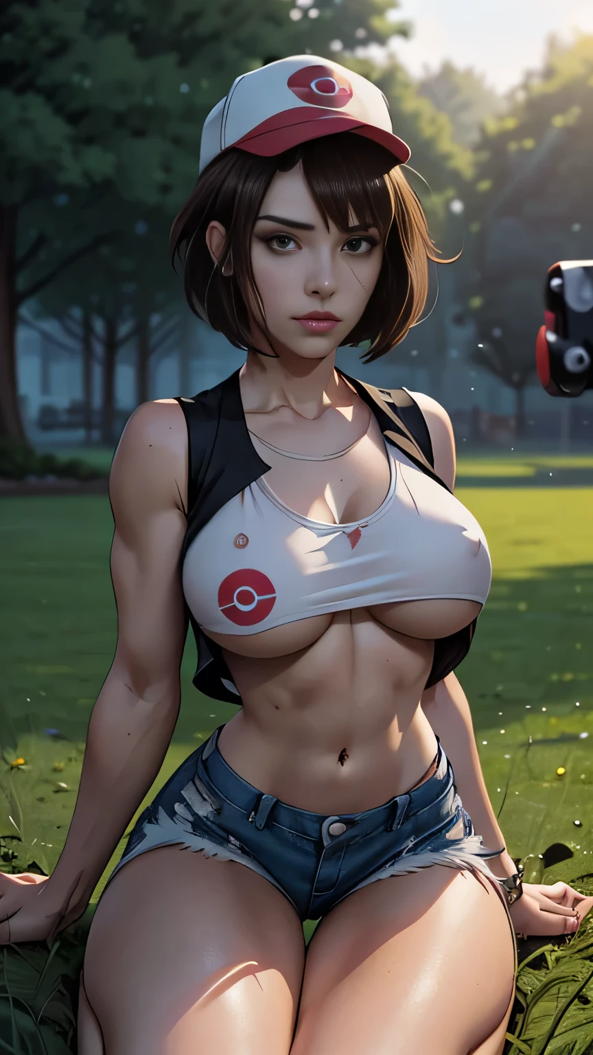photo of mlp Meowko, RAW, beautiful woman, ((portrait)), ((detailed face:1.2)), ((anime face, anime facial feature, clear skin, glossy anime lips, clear skin), (short messy lesbian haircut, brunette: 1.55), (under boob: 1.6), (perfect proportioned body, Strong, muscular, narrow waist, narrow hips, skinny, large breasts), (she is wearing a Pokemon trainer cosplay, White ball cap, black vest, white tube top, Daisy Duke shorts), wide open field, holding a pokeball, kneeling on the grass, splits kneeling, legs apart, trees in the distance, (realistic photo, best quality, detailed), (8k wallpaper), (cinematic lighting, beautiful light, (noon:1.3)) (sharp focus, intricate)