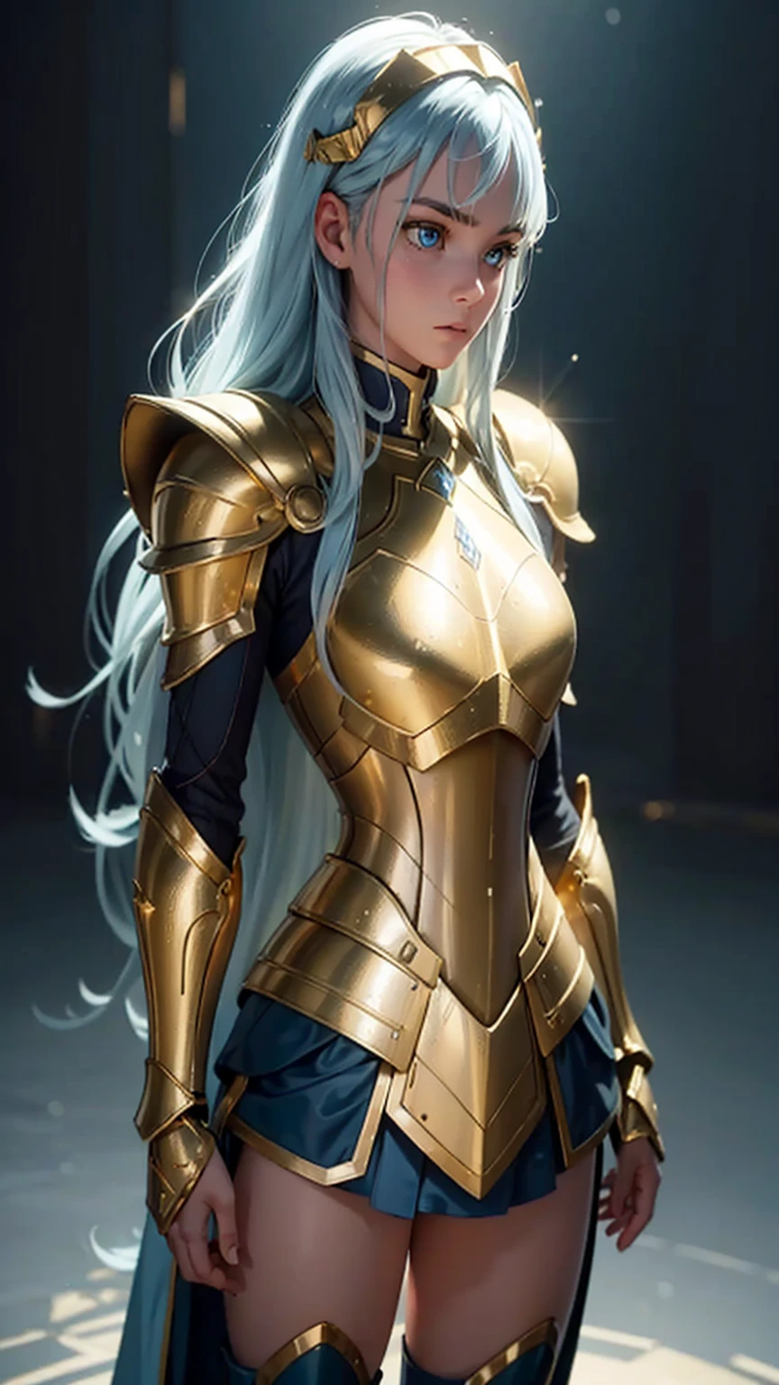 masterpiece, Highest quality,Highly detailed RAW color photos, Sharp focus, 8K high resolution, One girl, Long Hair, turtleneck, Close-up photo, Woman in armor, Light blue hair, Helmet, foot armor, Shoulder Armor, Long Hair, yellow armor, reflection on armor, headset, Yellow headband, Sparking Armor, Transparent vinyl perfect for white skin, At night, From below, AquariusArmor, Are standing, (Gold Armor:1.2) Moonlight Reflection, sacred , landscape, bright (Facial freckles:0.1), to8contrastスタイル, posing in a dark studio, (Rim Light,:1.4) Two-tone lighting, Octane, unrealistic, It&#39;s dim, (Modest:1.3),