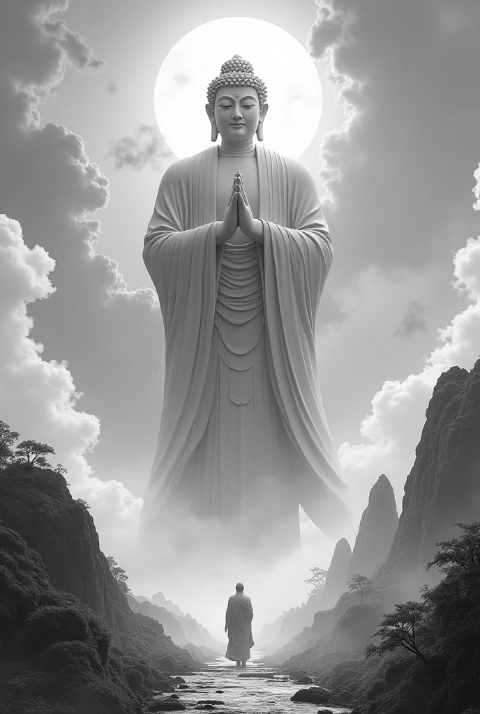 ((masterpiece))，(最high quality))，Chinese style，In the sky, Clouds form a giant statue of Maitreya Buddha，Gazing at Earth，Standing Buddha statue，The light shines，Glow effect，Pilgrims&#39; Path，Ultra-realistic，Ultra-photorealism，real photography，8k，High resolution，high quality，Masterpieces，Ultra-fine，Chinese black and white ink style，（（（White））），Decolorization，Dirt，ink，8k，Ultra-fine，high quality，（（（OC Renderer）））