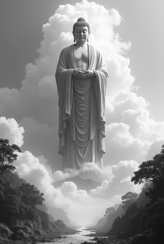 ((masterpiece)),(最high quality)),Chinese style,In the sky, Clouds form a giant statue of Maitreya Buddha,Gazing at Earth,Standing Buddha statue,The light shines,Glow effect,Pilgrims' Path,Ultra-realistic,Ultra-photorealism,real photography,8k,High resolution,high quality,Masterpieces,Ultra-fine,Chinese black and white ink style,(((White))),Decolorization,Dirt,ink,8k,Ultra-fine,high quality,(((OC Renderer)))