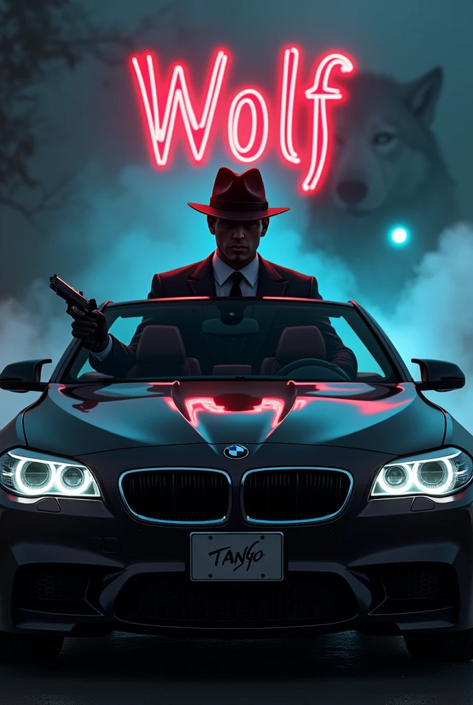 Create a realistic image where a 2 man wearing black luxury suit and wearing a cap and hiding his face with cap and sitting on BMW car with number plate of tango, he's holding a gun in his hand, there is smoke in background a shadow of wolf and wolf face with blue eyes glowing in background. In background the name "wolf" is showing in bold and neon effects just above the head of the character as per his name. 