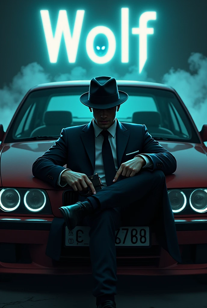 Create a realistic image where a 2 man wearing black luxury suit and wearing a cap and hiding his face with cap and sitting on BMW car with number plate of tango, he's holding a gun in his hand, there is smoke in background a shadow of wolf and wolf face with blue eyes glowing in background. In background the name "wolf" is showing in bold and neon effects just above the head of the character as per his name. 