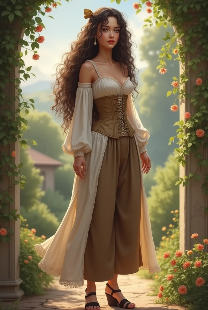 A 1.5 meters tall girl in her 20s wearing: wide knee-lenght breeches, a wide sleeveless chemise, a corset, sandals with wedges and a ribbon on top and a long curly wig