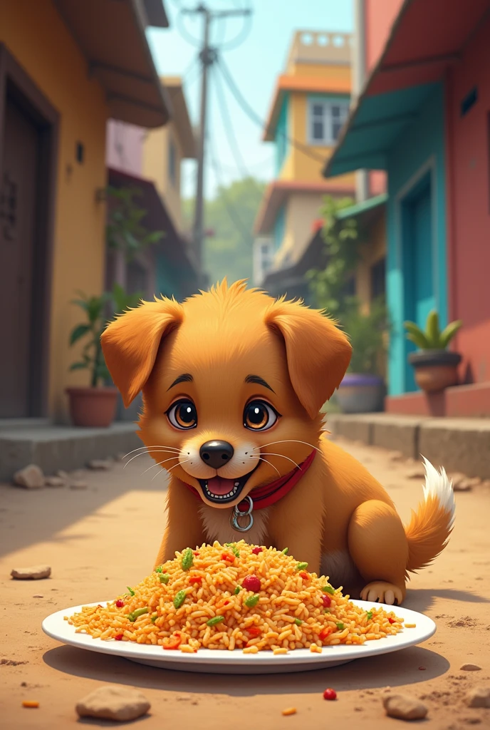 Dog eating fry rice on the indian street near the home