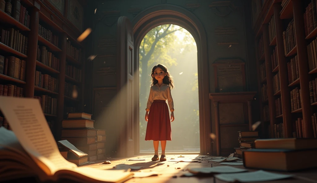As soon as she reached the top, she saw a small room with old books and scattered papers. Suddenly, a book opened by itself, and a letter fell out from inside. Sunita picked up the letter and began to read: genrate a High quality realistic 3D animation style
