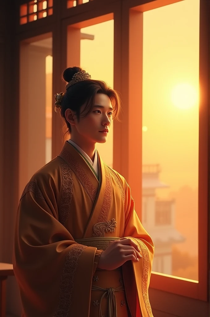 A handsome guy in chinese historical clothing smiling softly standing beside a large window with warm sunset sunlight filtering inside on him