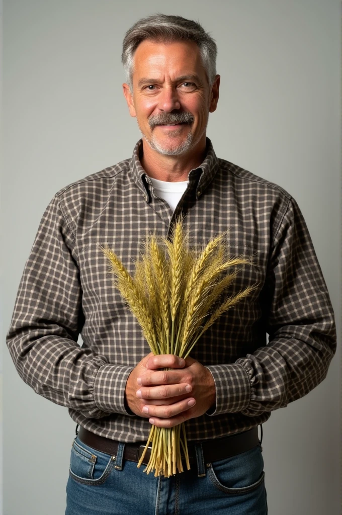 Profile photo of an agricultural engineer with a mustache who is dressed in a long-sleeved checked shirt and jeans and who is holding a crop in his hands