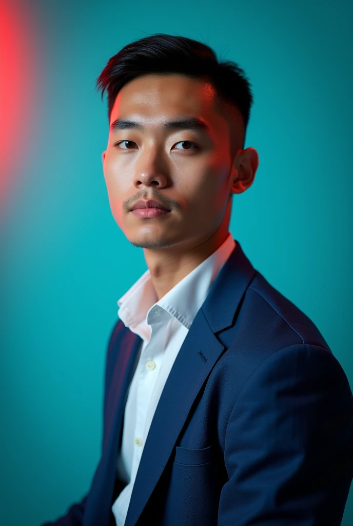 A young man with dark army cutting hair and a Round face. He is dressed in a blue blazer over a white shirt. The man is positioned against aqus colour backdrop with a subtle red lighting on the left side and he posing for Linkedin profile