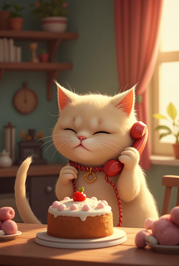 The mother cat picks up the phone and calls her husband, inviting him home to enjoy the freshly baked cake.