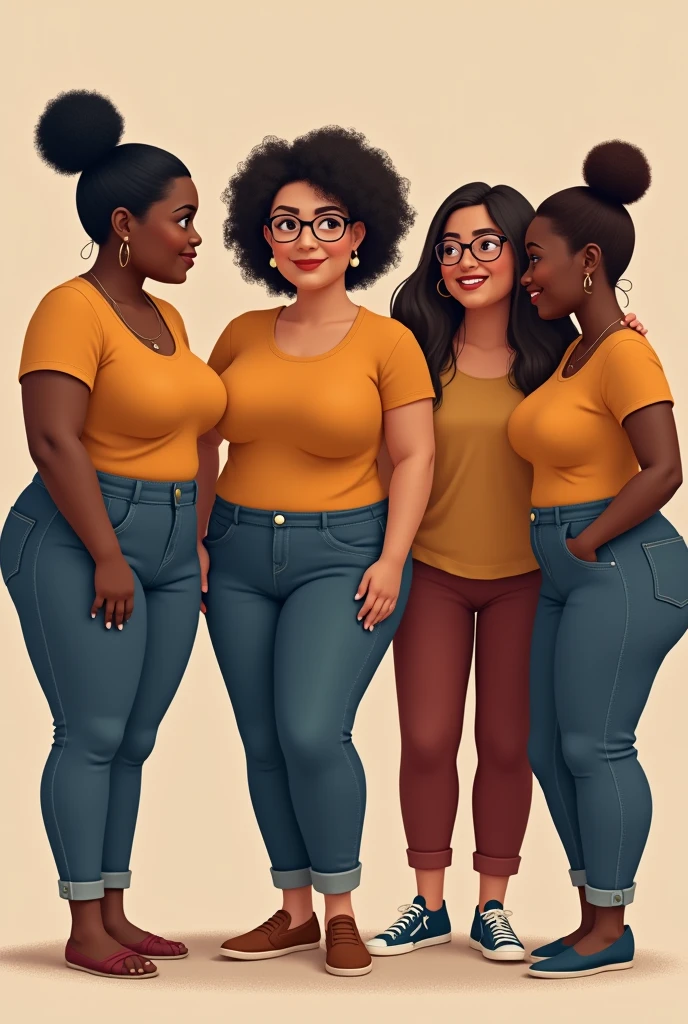 Five women, a chubby white girl, One wears glasses, two brunettes, a black one