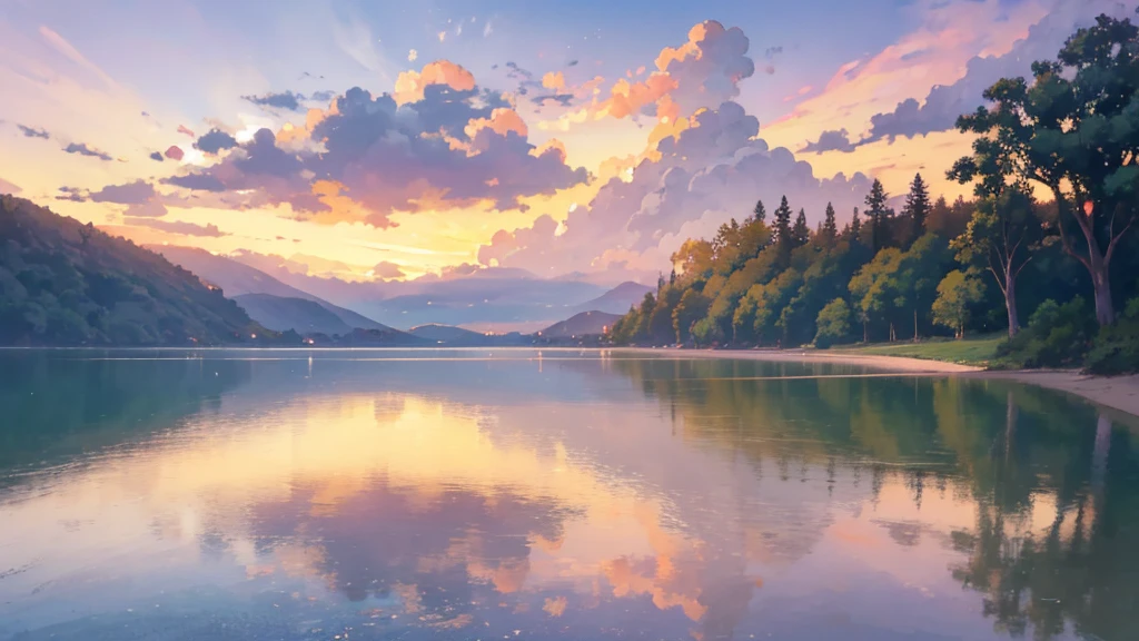 Create a high-quality anime-style scene of a peaceful sunset over a calm beach or field. The sky should be filled with warm golden hues, and a person is sitting or lying down, enjoying the view. Emphasize the tranquility of the scene with soft, warm lighting and detailed reflections.